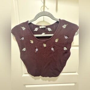 Free People. Crop Top Embroidered Floral Ribbed. Burgundy. Size XS.